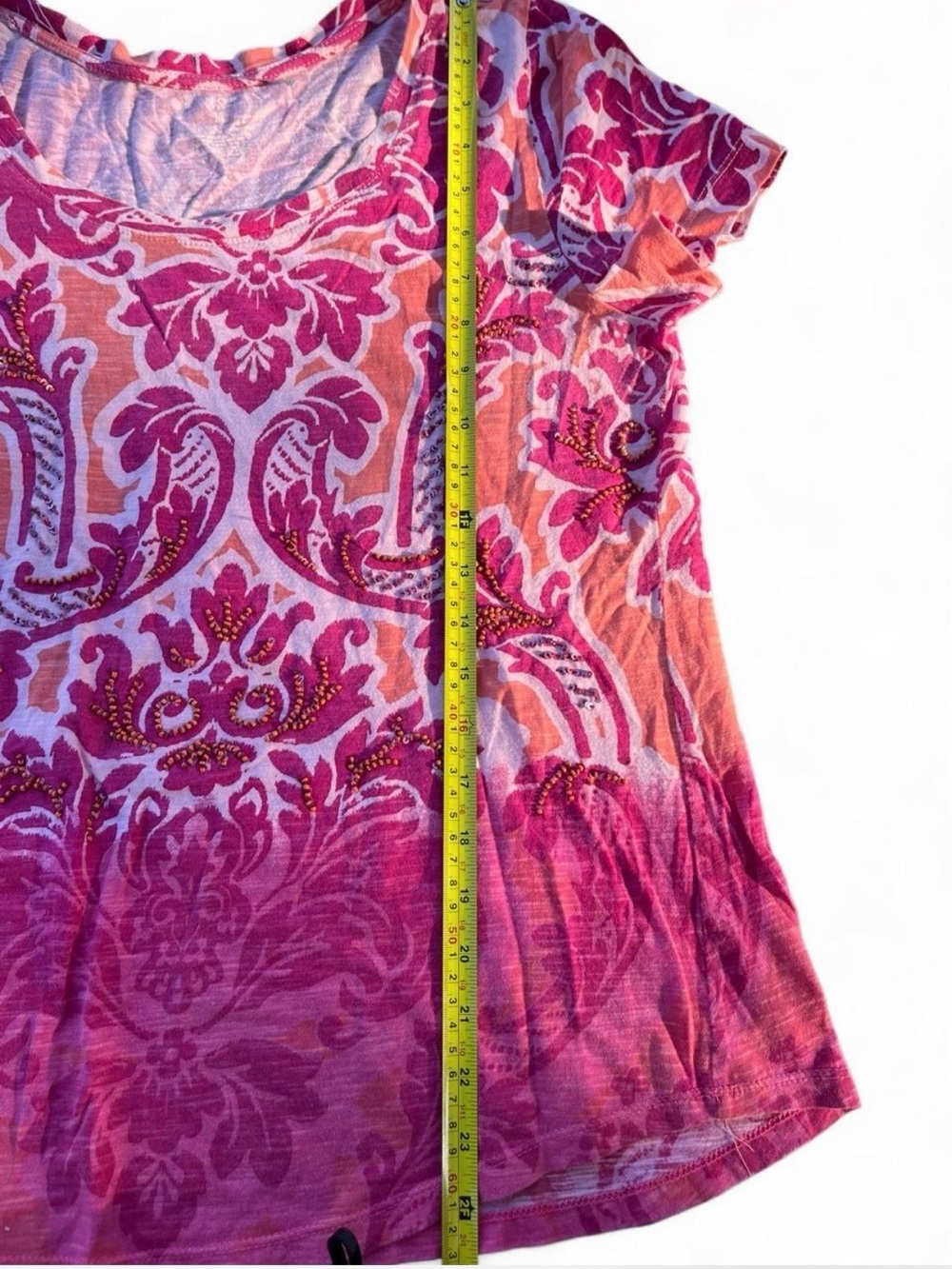Sonoma Pink & Coral Damask Scoop Neck Tee Paisley Print with Beads - Picture 6 of 6